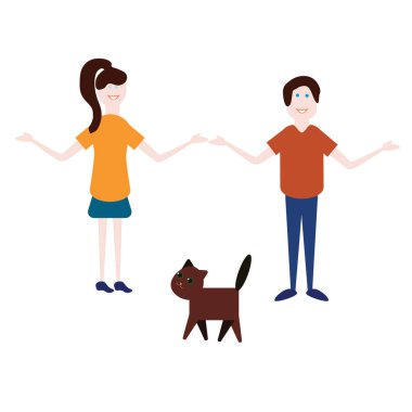 Mutlu kız ve erkek el ele tutuşuyor ve kedi, vektör çizimi