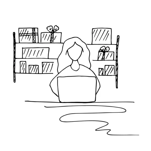 Minimalistische Vektorillustration Einer Frau Schreibtisch Mit Laptop Und Regalen Hintergrund — Stockvektor