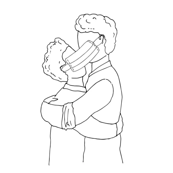 Ilustración Vectorial Concepto Amor Hombre Mujer Abrazando Usando Máscara Médica — Archivo Imágenes Vectoriales