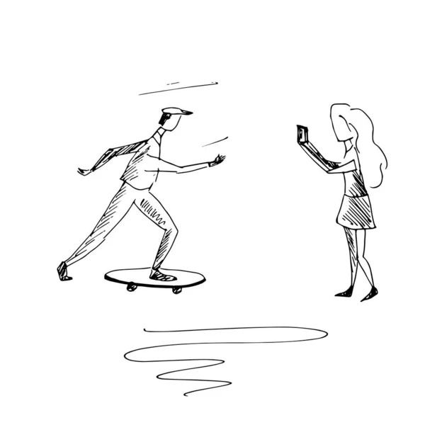 Minimalista Vetor Ilustração Mulher Filmando Homem Montando Skate Seu Telefone — Vetor de Stock