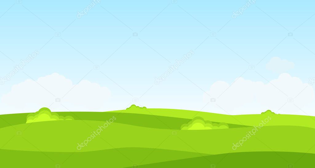 lush green cartoon field under blue sky, vector illustration