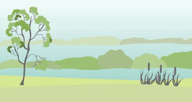 Kırsal alan, ağaçlı ve nehirli yeşil çayır, vektör illüstrasyonu 