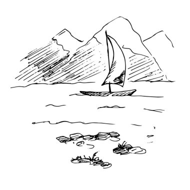 Yelkenli teknenin deniz suyundaki siyah beyaz vektör çizimi, arka plandaki dağlar 