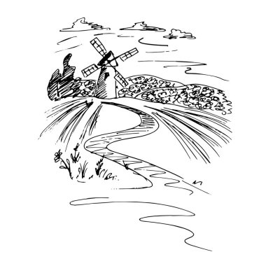 vektör siyah beyaz sanat, kırsal alan ve yel değirmeni 