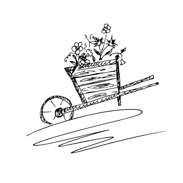 Zwart Wit Vector Illustratie Van Houten Kruiwagen Met Bloemen — Stockvector