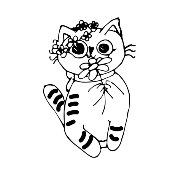Czarny Biały Wektor Ilustracja Słodkie Śmieszne Kot Kwiatem — Wektor stockowy