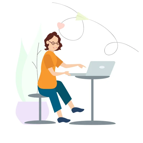 Vector Illustration Business Woman Using Laptop Table — Stock Vector