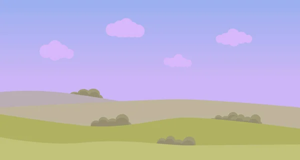 Art Vectoriel Paysage Rural Coloré Coucher Soleil Violet Ciel Nuageux — Image vectorielle