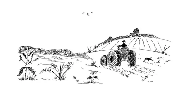 Vector Negro Arte Blanco Paisaje Rural Hombre Tractor — Vector de stock