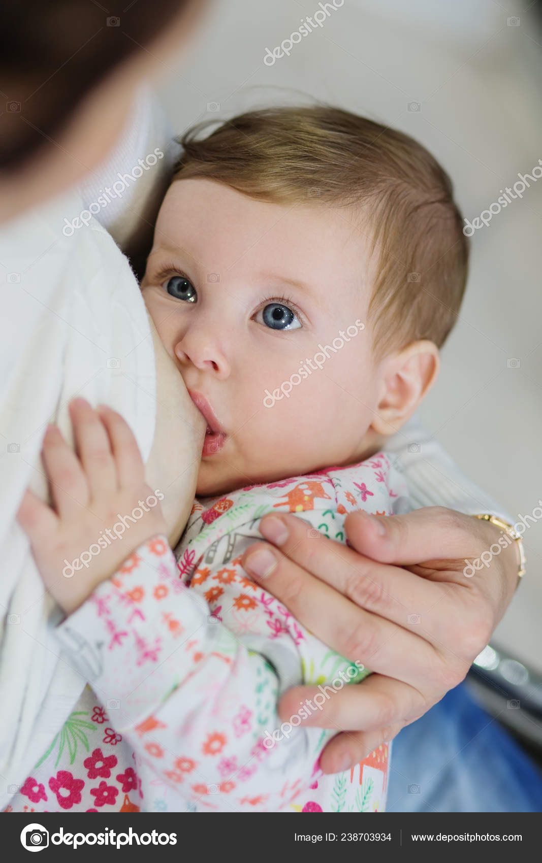 Close Portrait Sweet Newborn Baby Breastfeeding Adorable New Born ...