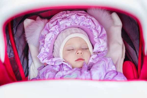 Charming Newborn Winter Sleeping Red Pram — Stock Photo, Image