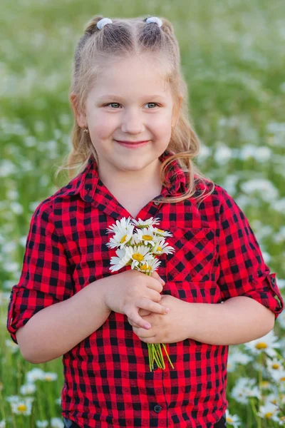 Χαριτωμένο Μικρό Χαμογελαστό Κορίτσι Στο Χωράφι Χαμομήλι Την Άνοιξη — Φωτογραφία Αρχείου