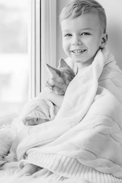 かわいい猫を自宅の小さな男の子 黒と白の外を抱きしめる — ストック写真