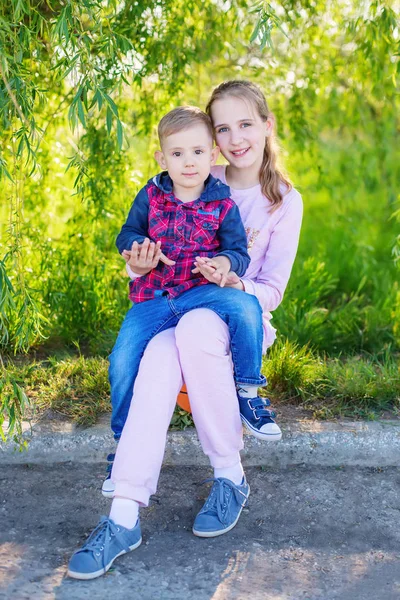 Niedlichen Bruder Und Schwester Spielen Zusammen Der Natur Auf Einem — Stockfoto