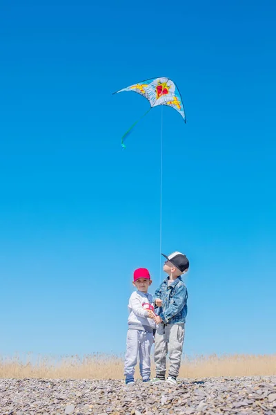 Twee Gelukkige Kinderen Met Een Vlieger Kust — Stockfoto