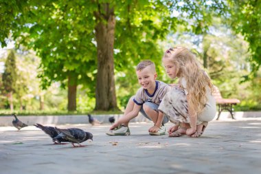 Yaz aylarında parktaki güvercinler besleme büyüleyici mutlu çocuk