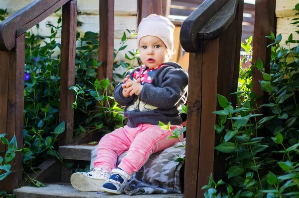 迷人的小婴儿坐在绿色灌木之间的木台阶上 有趣的婴儿有乐趣与户外游戏在大自然中 — 图库照片