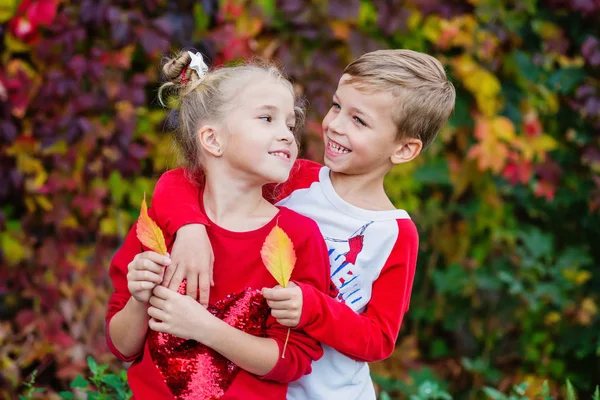 Glückliche Kinder Die Einem Warmen Sonnigen Herbsttag Wunderschönen Herbstpark Spielen — Stockfoto