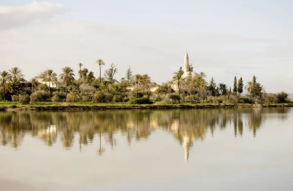 塞浦路斯乌云密布的Hala Sultan Tekke清真寺景观 图库照片