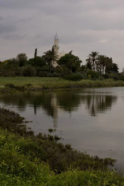 Landschap Van Hala Sultan Tekke Moskee Cyprus Met Bewolkte Lucht — Stockfoto