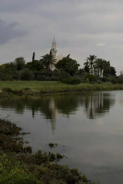 Landschap Van Hala Sultan Tekke Moskee Cyprus Met Bewolkte Lucht — Stockfoto
