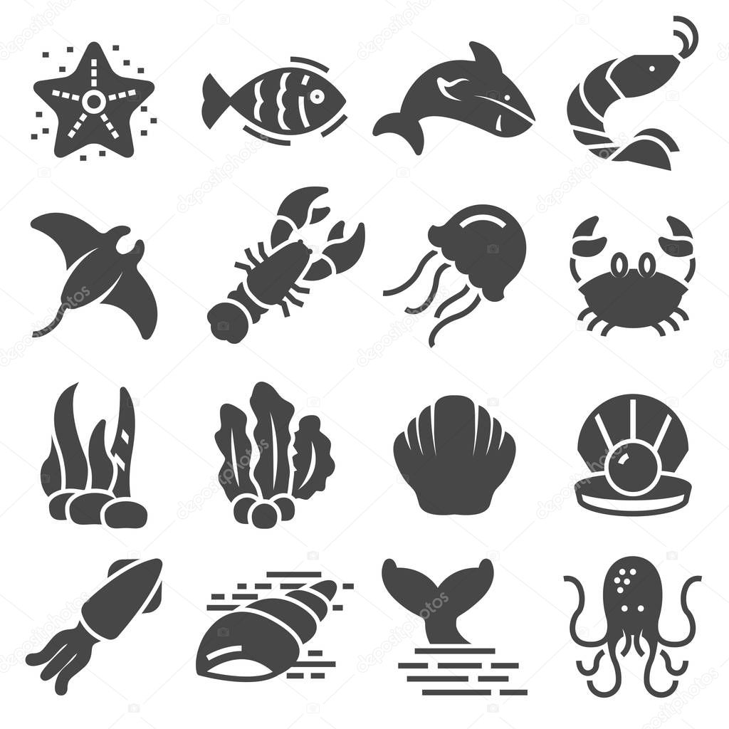 Sea animal related icons. Thin vector icon set, black and white kit
