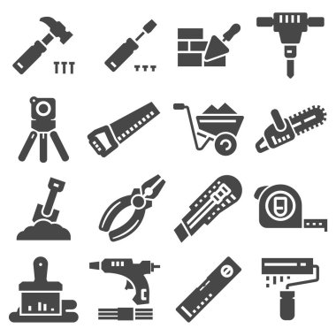 Hisse senedi vektör çizim izole Icons oluşturma araçları, inşaat binaları, çekiç, tornavida set, gördüm, cetvel, kask, rulo, fırça, kit düz stil