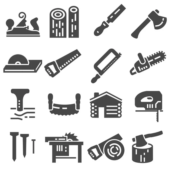 Carpentry Wood Work Tools Equipment Black Icons Set — Stock Vector