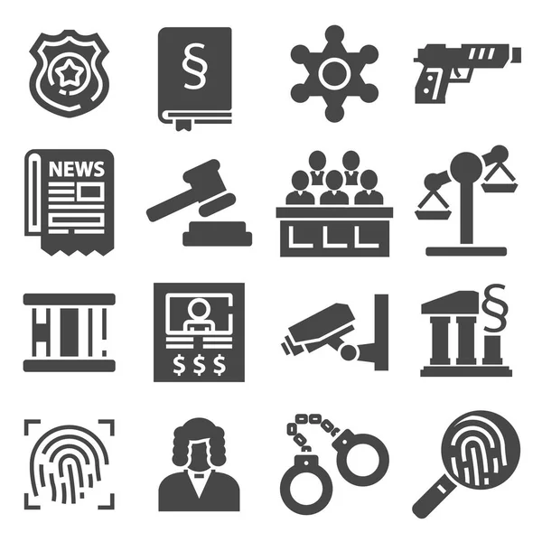 Crime Law Justice Black Icons Set Isolated Vector Illustration — Stock Vector