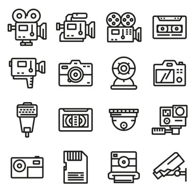 Vektör çizgi video ve kamera simgeler kümesi. Kamera, film, kayıt, güvenlik kamerası ve diğer