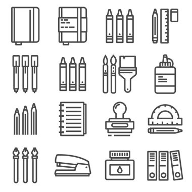 Vektör Office şeyler, ince çizgi Icons set. Defter, boya kalemi, işaretçileri, fırçalar, damga cetvel ve daha fazlası