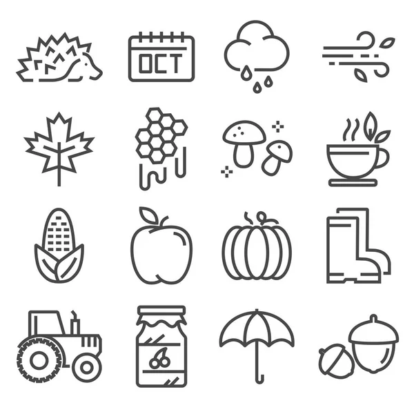 Collection Autumn Icons Isolated Vector Rain Forecast Tea Honey Apple — Stock Vector