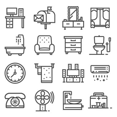 Vektör gri çizgi ev mobilya Icons set. TV raf, yardım kutusu, tuvalet, küvet, duş, saç kremi, kanepe, bilgisayar masa ve daha fazlası