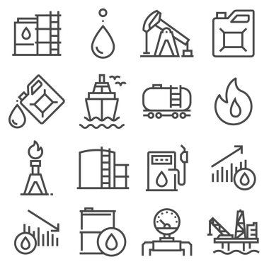 Sanayi petrol linevector Icon set - petrol jack vektör, teneke kutu, offshore platformu, benzin istasyonu, boru hattı, varil, fabrika