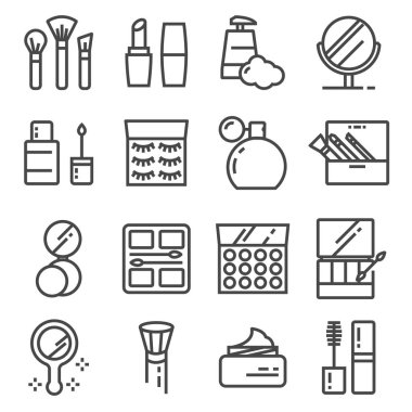 Güzellik ve kozmetik satır Icons set makyaj aynası, ruj, kaptırdın, fırça, krem, parfüm