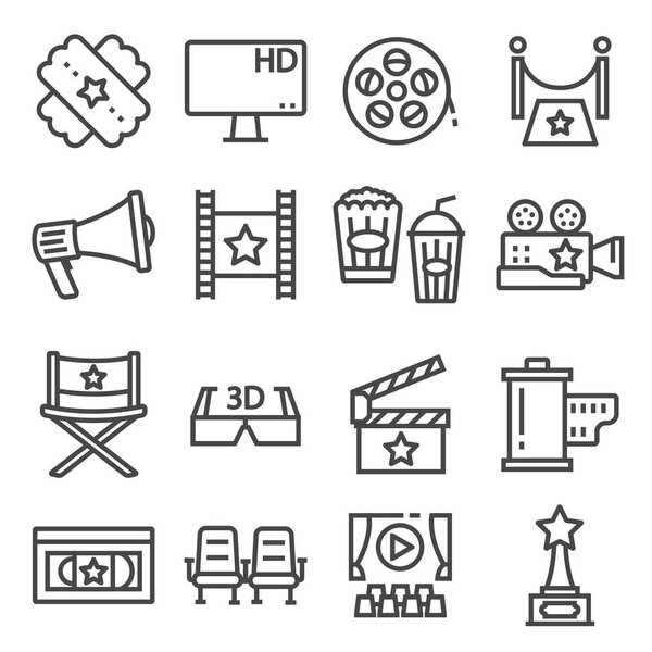 Movies vector illustration icon set. Camera, film, awards, popcorn 3d and more