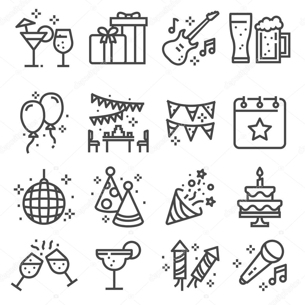 Party, Birthday, celebration line web icons set. Confetti, Cocktail, Guitar, Beer, Gift, Flag Balloon Firework Party Hat Disco Ball and more