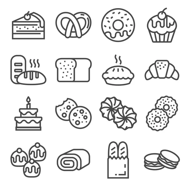 Línea Línea Panadería Iconos Línea Pan Pasteles Galletas Donas Otros — Vector de stock