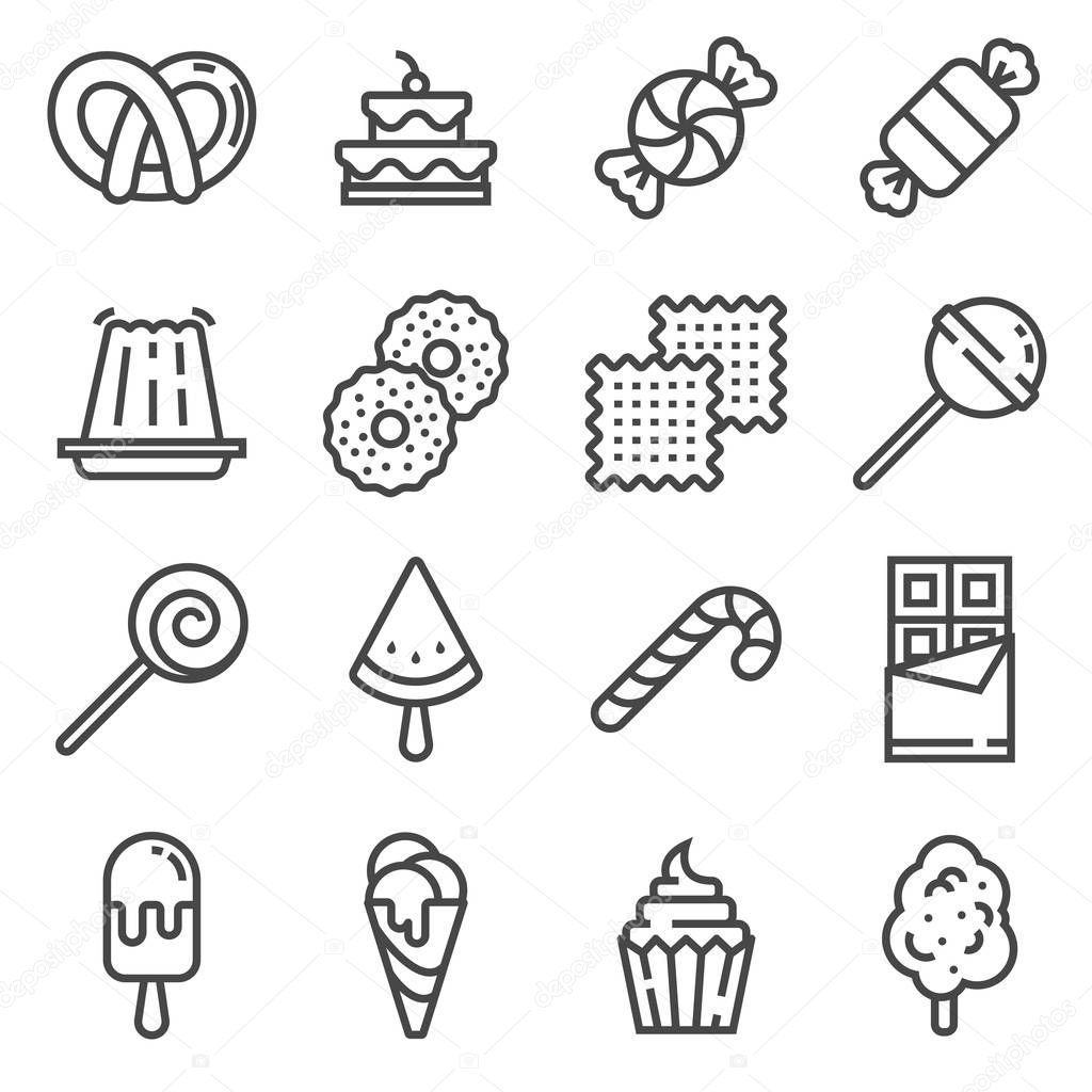 Sweets and candy icon set. Ice Cream, Chocolate, Jelly, Lollipop and more