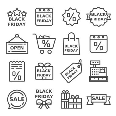İnce çizgi Black Friday Icons set. Mevsimlik Satılık anahat