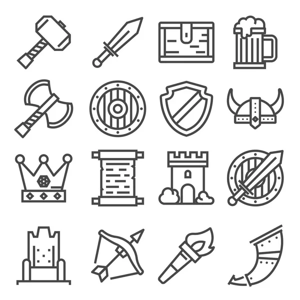 Ridder Middeleeuwse Geschiedenis Vector Icons Set Middeleeuwen Warrior Wapens — Stockvector