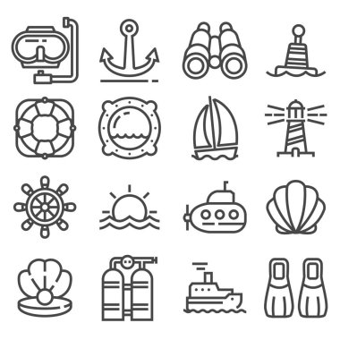 Vektör deniz, deniz ve deniz ince çizgi Icons set