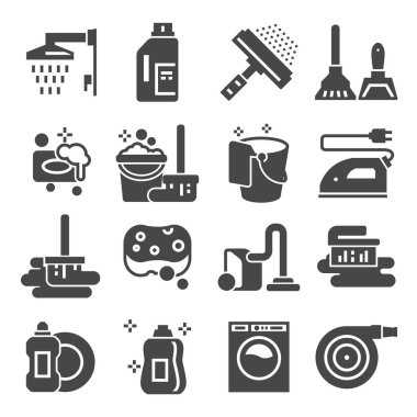 Gri simgeleri Temizleme ayarlayın. Çamaşırhane, sünger ve elektrikli süpürge işaretler. Çamaşır makinesi. Vektör çizimler