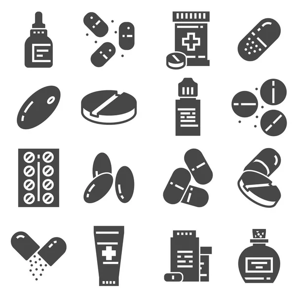 Medical Pills Capsules Bottles Icons Vector Set White Background — Stock Vector