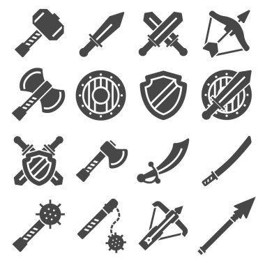 Ortaçağ silah ve zırh ayarlayın. Ortaçağ savaşçı ekipman. Kılıç, kılıç, hançer, balta, erkek ve daha fazlası