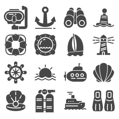 Deniz Icons set. Beyaz arka plan üzerinde gri deniz Icons set