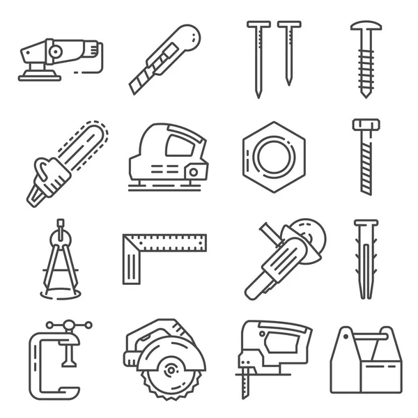 Carpentry industry equipment icons flat set with toolbox furniture — Stock Vector