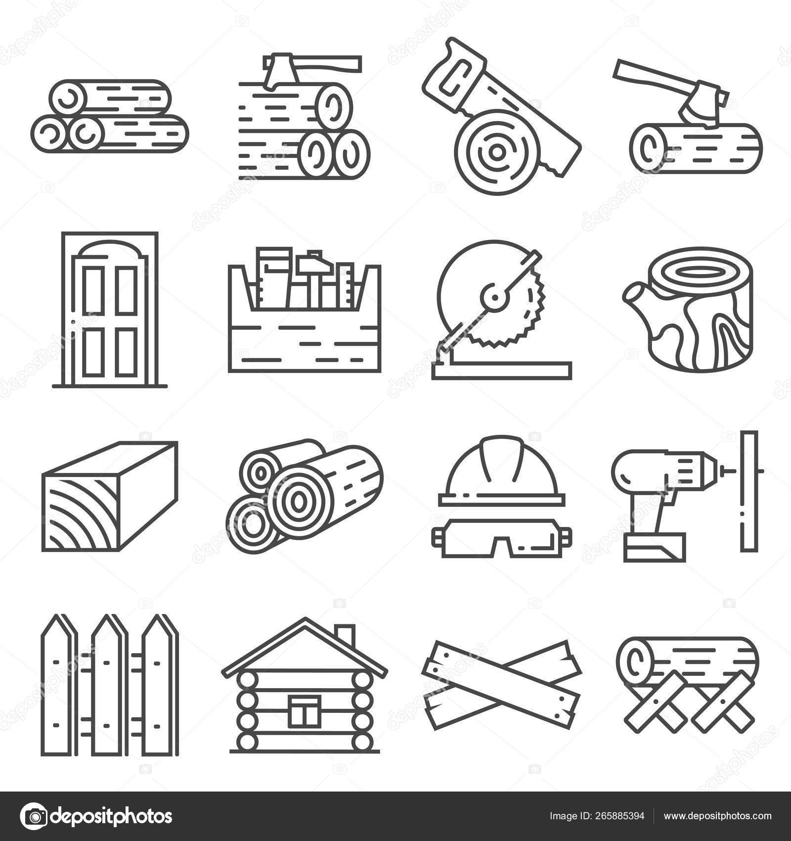 Timber industry icon set. Lline style collection of woodwork tools
