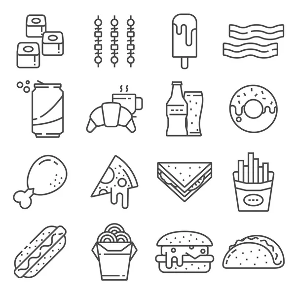 Uppsättning av snabb mat vektor linje ikoner. Innehåller sådana ikoner som pizza, tacos — Stock vektor