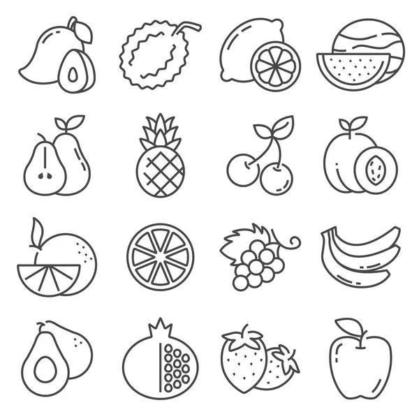 Conjunto de iconos de frutas. Ilustración vectorial Naranja, limón, manzana, mango y más — Vector de stock